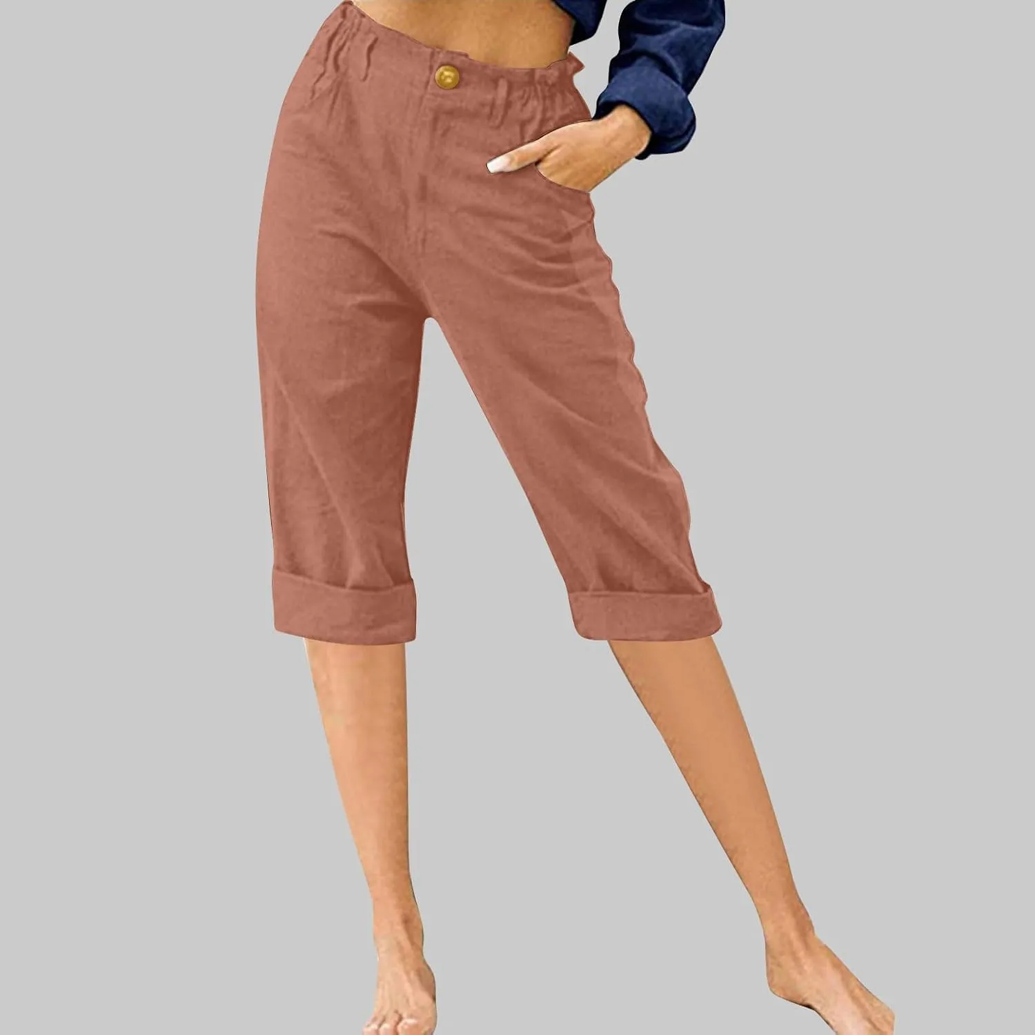 Capri Pants for Women Petite 2024 Solid Color Wed Leg Cropped Trouser with Pockets Elastic Waisted Summer Beach Pants