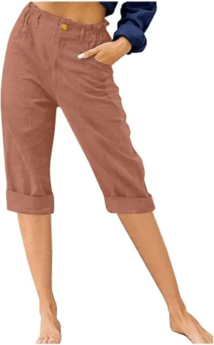 Capri Pants for Women Petite 2024 Solid Color Wed Leg Cropped Trouser with Pockets Elastic Waisted Summer Beach Pants