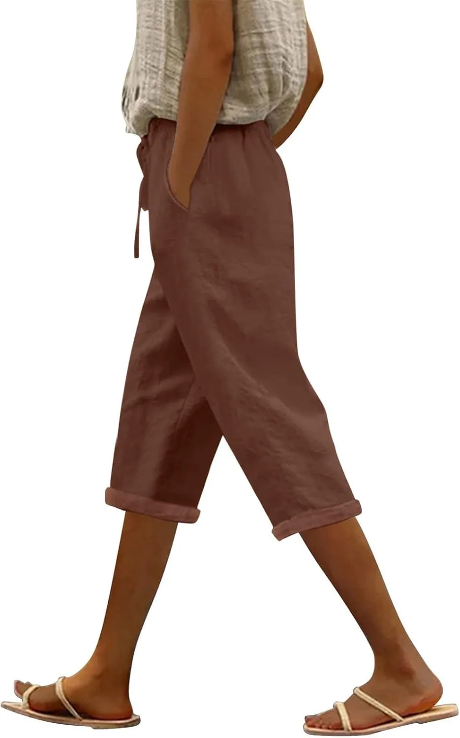 Capri Pants for Women Summer Casual Drawstring Elastic High Waist Linen Pant Straight Wide Leg Cropped Trouser