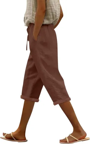 Capri Pants for Women Summer Casual Drawstring Elastic High Waist Linen Pant Straight Wide Leg Cropped Trouser