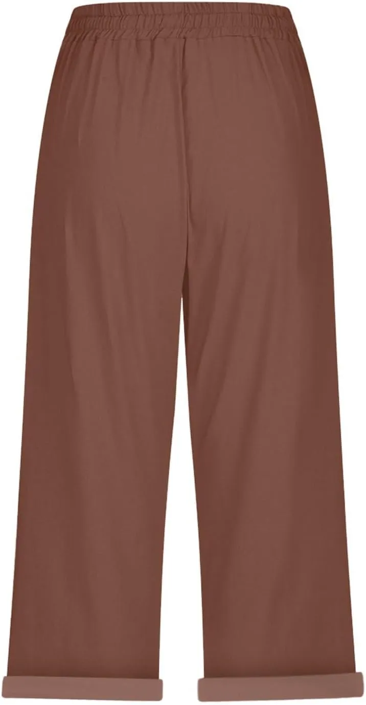 Capri Pants for Women Summer Casual Drawstring Elastic High Waist Linen Pant Straight Wide Leg Cropped Trouser