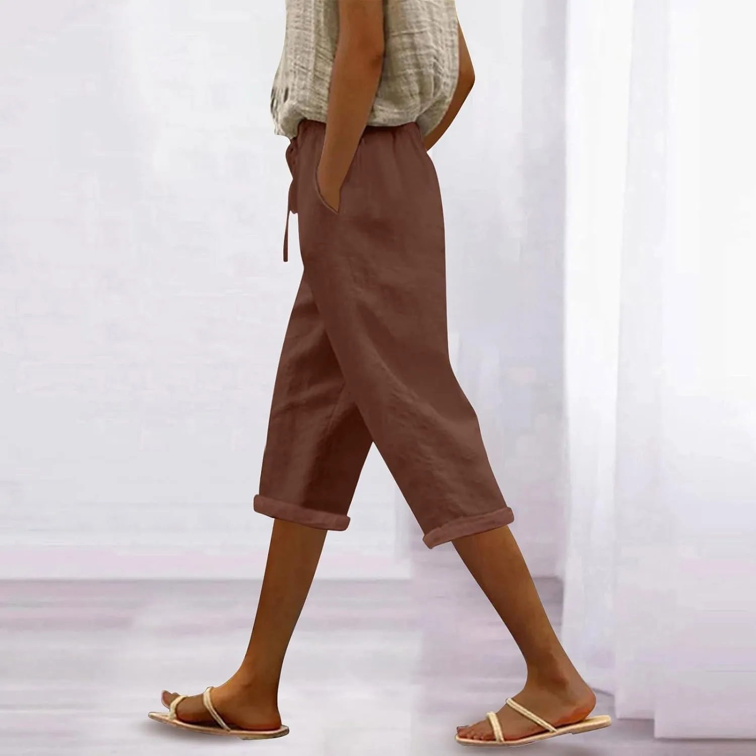 Capri Pants for Women Summer Casual Drawstring Elastic High Waist Linen Pant Straight Wide Leg Cropped Trouser