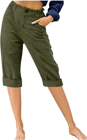 Capri Pants for Women Summer Trendy Elastic Waist Cropped Trousers Straight Leg Resort Wear Beach Vacation Outfit