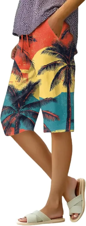 Capri Pants for Women Wide Leg Knee Length Boho Floral Summer Bermuda Shorts Cotton Linen Trousers with Pockets