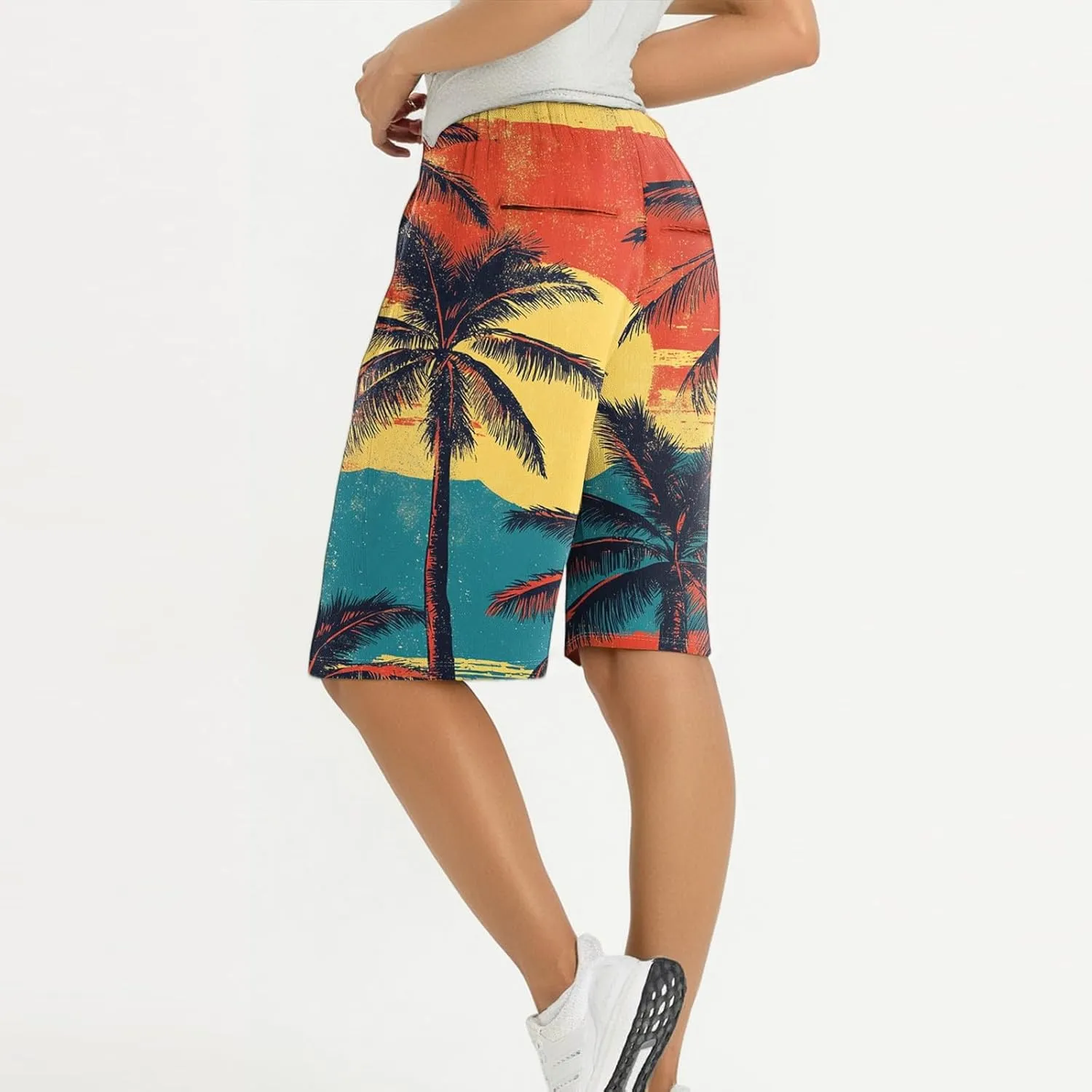 Capri Pants for Women Wide Leg Knee Length Boho Floral Summer Bermuda Shorts Cotton Linen Trousers with Pockets
