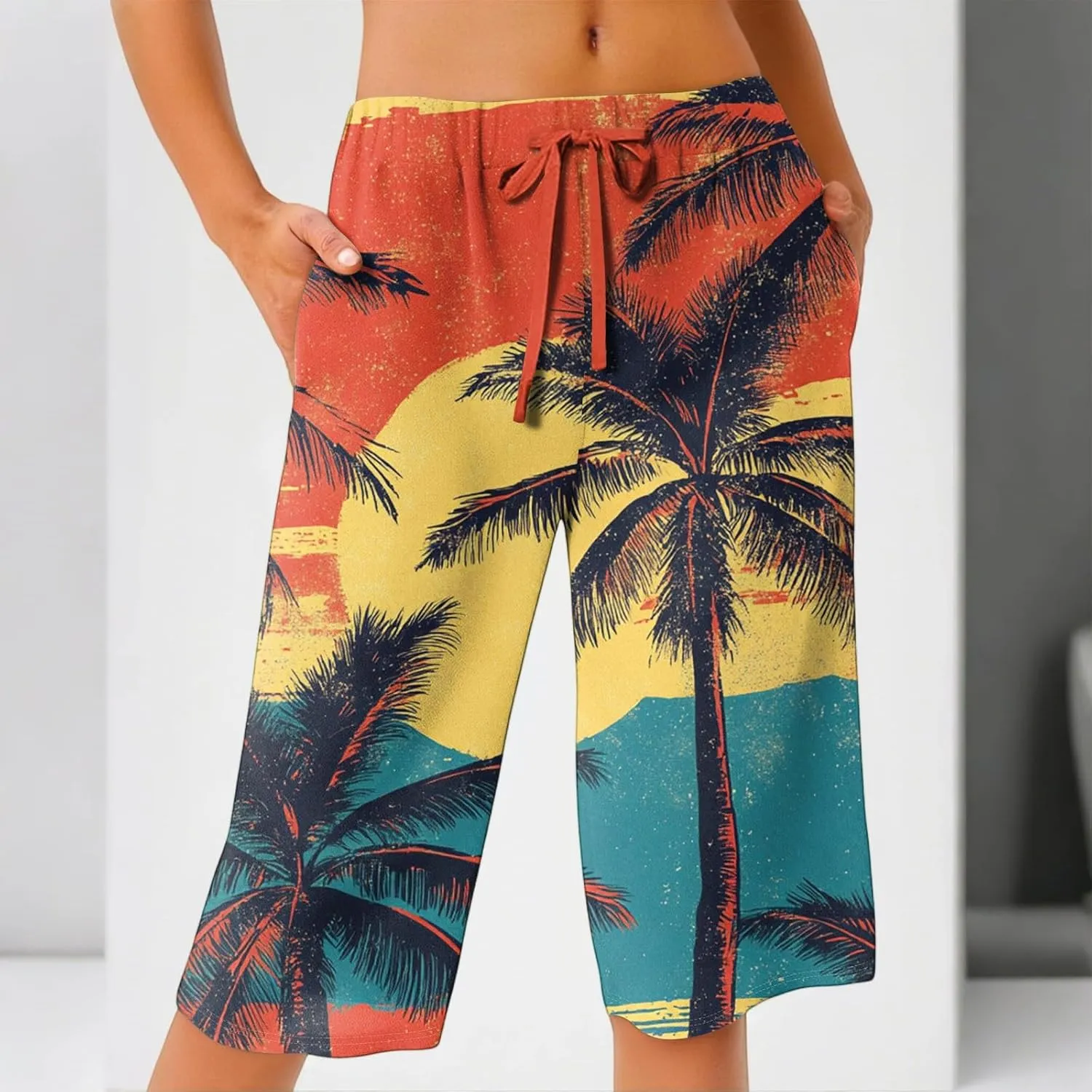 Capri Pants for Women Wide Leg Knee Length Boho Floral Summer Bermuda Shorts Cotton Linen Trousers with Pockets
