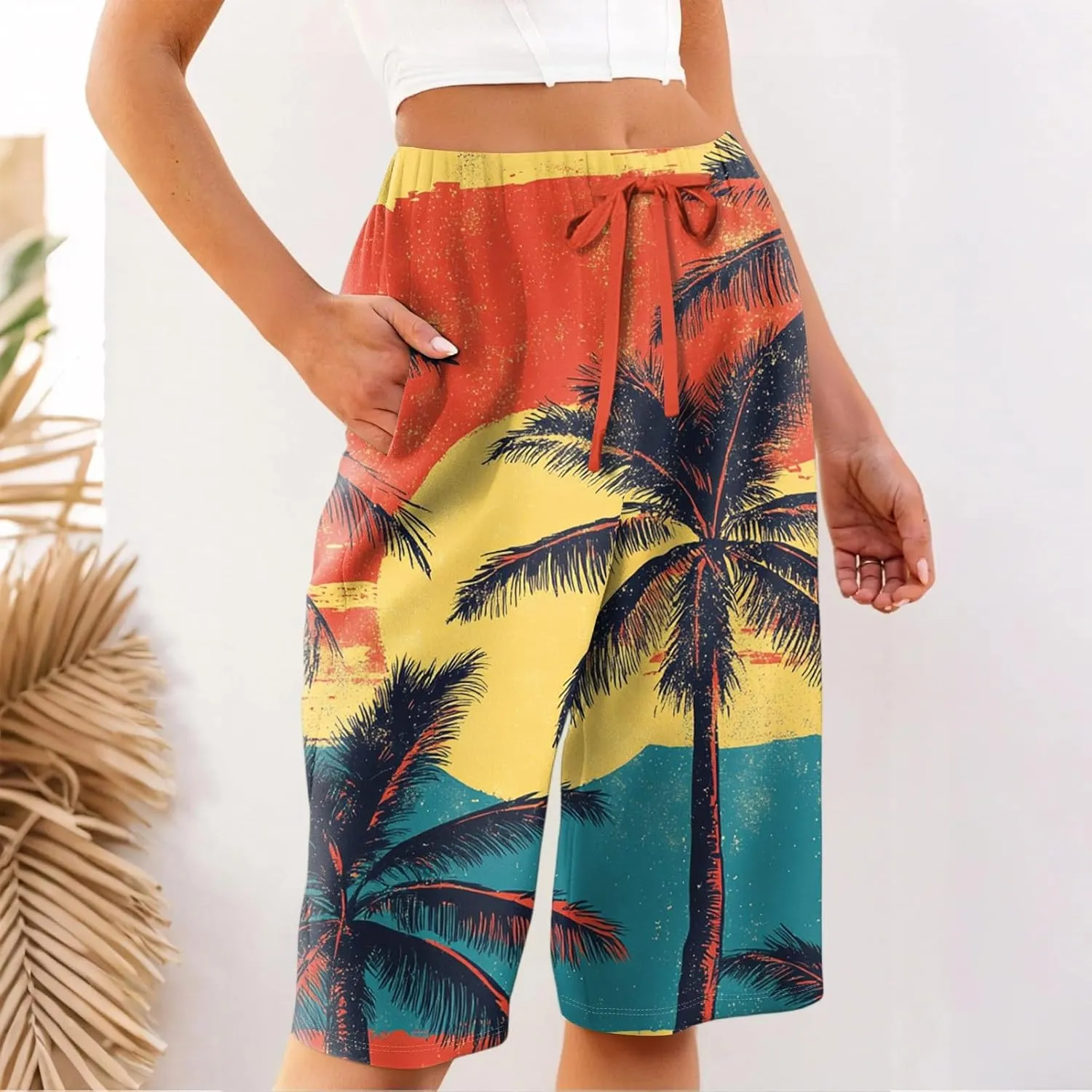 Capri Pants for Women Wide Leg Knee Length Boho Floral Summer Bermuda Shorts Cotton Linen Trousers with Pockets
