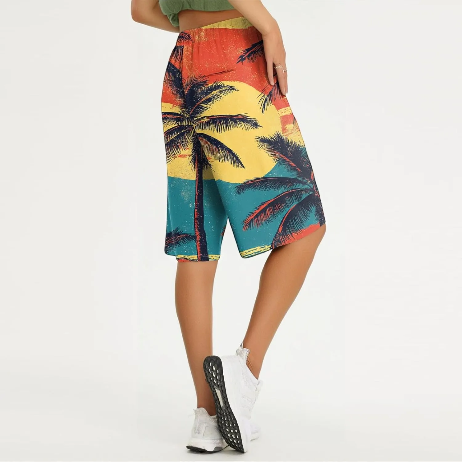 Capri Pants for Women Wide Leg Knee Length Boho Floral Summer Bermuda Shorts Cotton Linen Trousers with Pockets