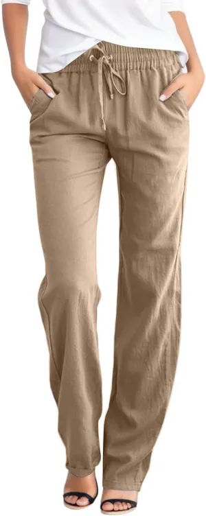 Casual Linen Pants Women Drawstring Elastic Waist Wide Leg Pants Summer Loose Travel Lounge Trousers with Pockets