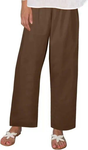 Casual Linen Trousers for Women Solid Color Straight Leg Elastic Waist Loose Comfy Travel Pants Autumn Outdoor Slacks