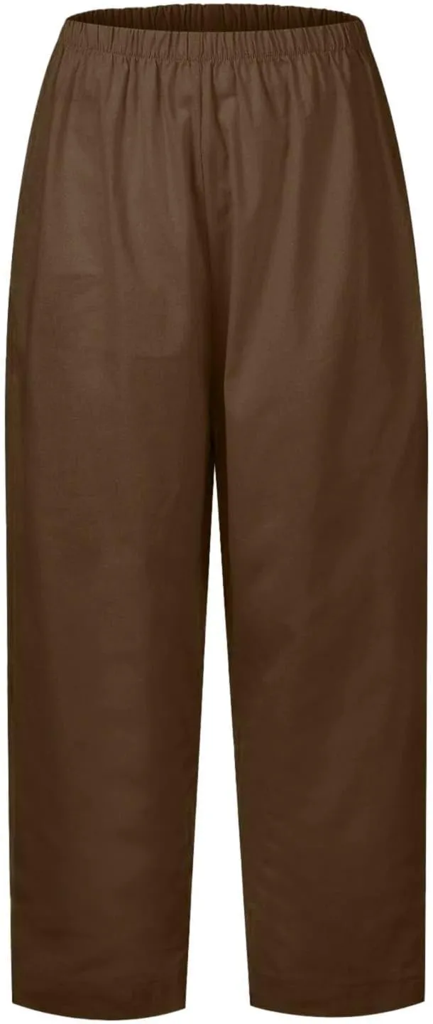 Casual Linen Trousers for Women Solid Color Straight Leg Elastic Waist Loose Comfy Travel Pants Autumn Outdoor Slacks