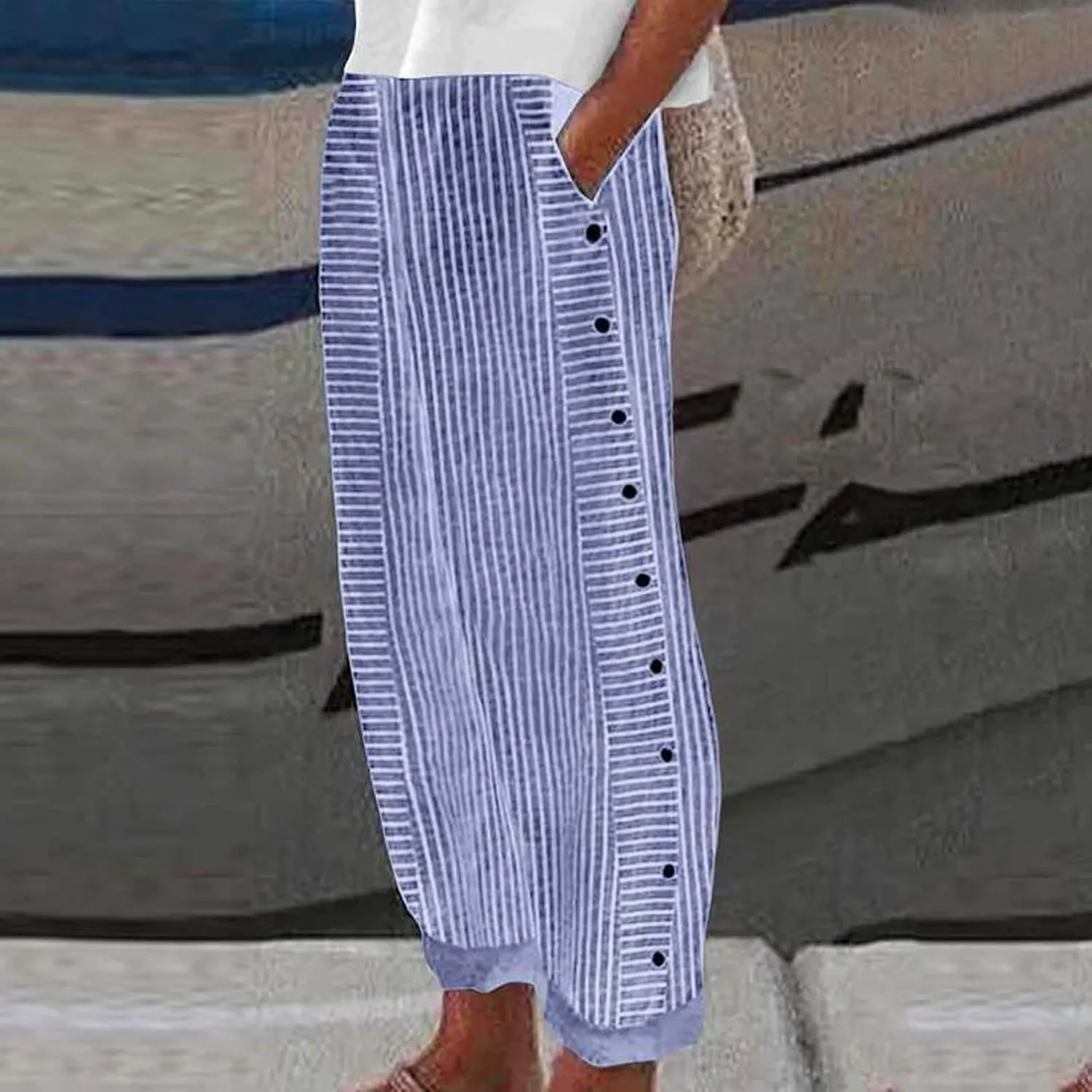 Casual Pants for Women Summer Trendy Striped Side Button Up Elastic Waist Straight Leg Trousers with Pockets