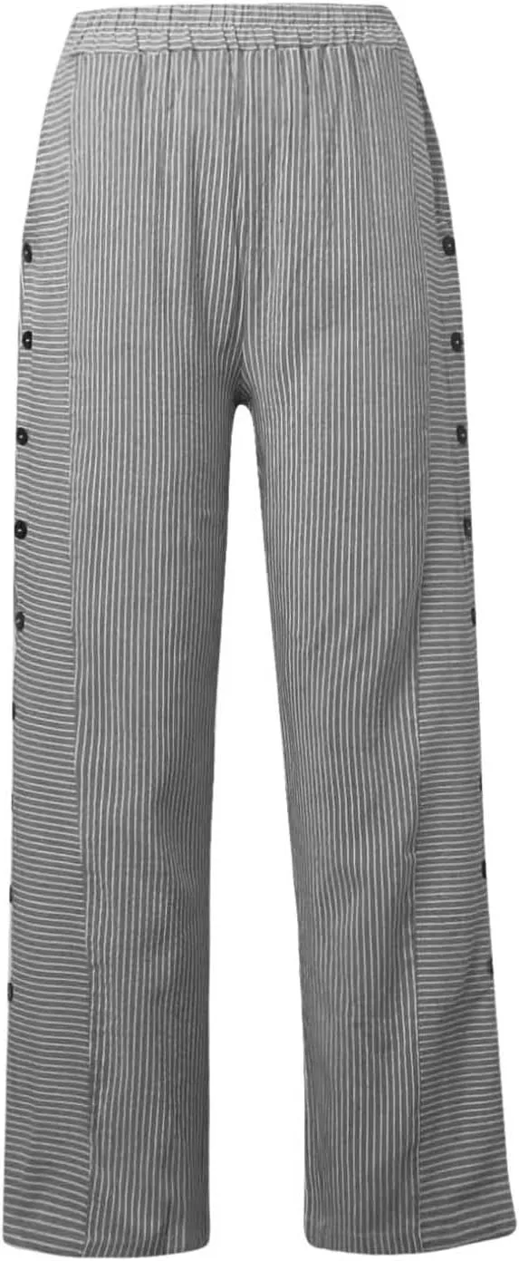 Casual Pants for Women Summer Trendy Striped Side Button Up Elastic Waist Straight Leg Trousers with Pockets