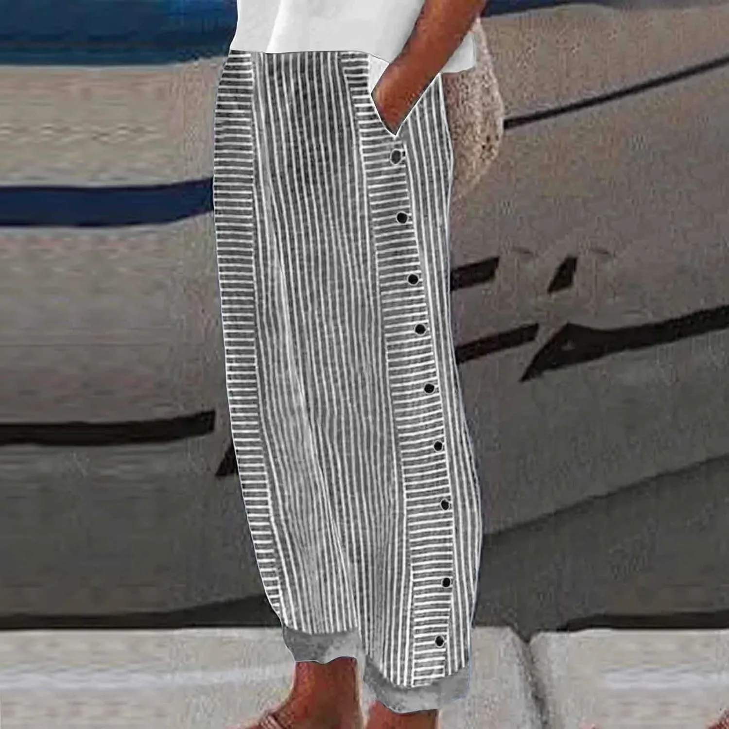 Casual Pants for Women Summer Trendy Striped Side Button Up Elastic Waist Straight Leg Trousers with Pockets