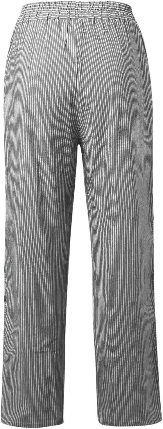 Casual Pants for Women Summer Trendy Striped Side Button Up Elastic Waist Straight Leg Trousers with Pockets