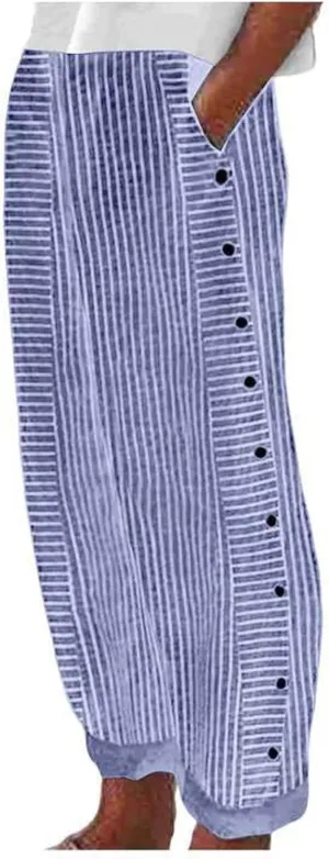 Casual Pants for Women Summer Trendy Striped Side Button Up Elastic Waist Straight Leg Trousers with Pockets