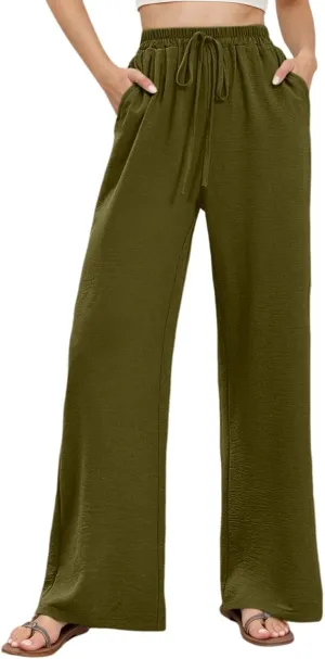 Casual Wide Leg Pants for Women Elastic High Waist Breathable Palazzo Pants Baggy Drawstring Comfy Ice Silk Trousers