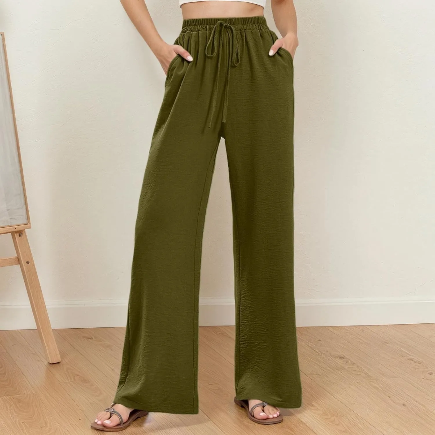 Casual Wide Leg Pants for Women Elastic High Waist Breathable Palazzo Pants Baggy Drawstring Comfy Ice Silk Trousers