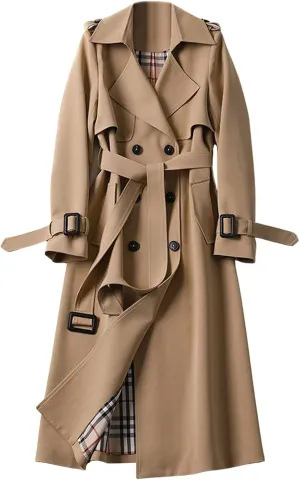 CHARTOU Women Double Breasted Mid Long Trench Coat with Belt Lightweight Windbreaker Long Duster Trenchcoat (Large,Khaki)