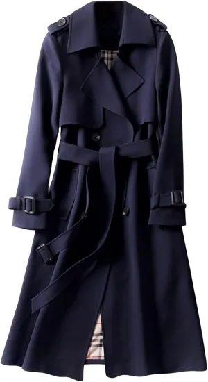 CHARTOU Women Double Breasted Mid Long Trench Coat with Belt Lightweight Windbreaker Long Duster Trenchcoat (Small,Navy)