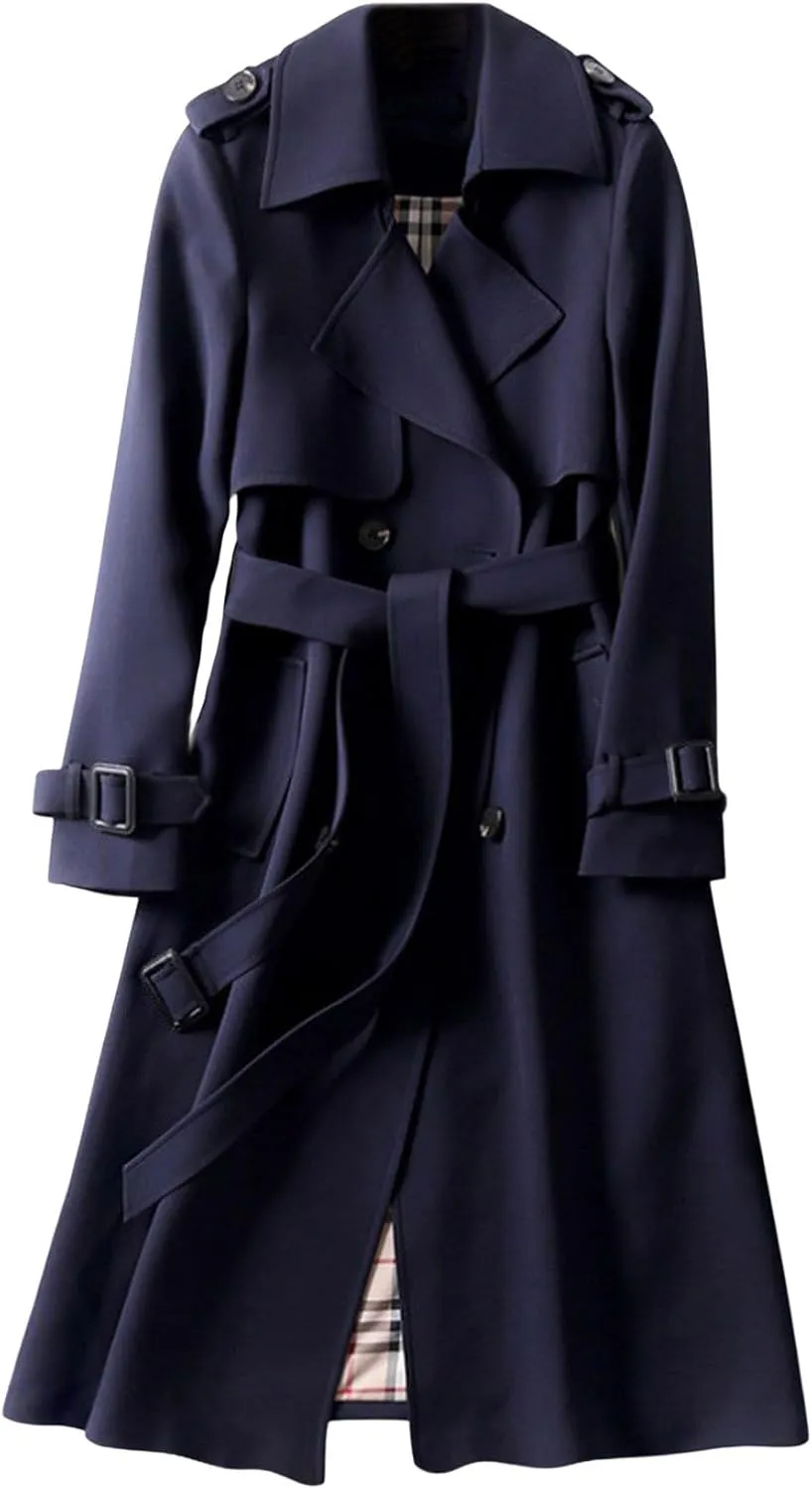 CHARTOU Women Double Breasted Mid Long Trench Coat with Belt Lightweight Windbreaker Long Duster Trenchcoat (Small,Navy)