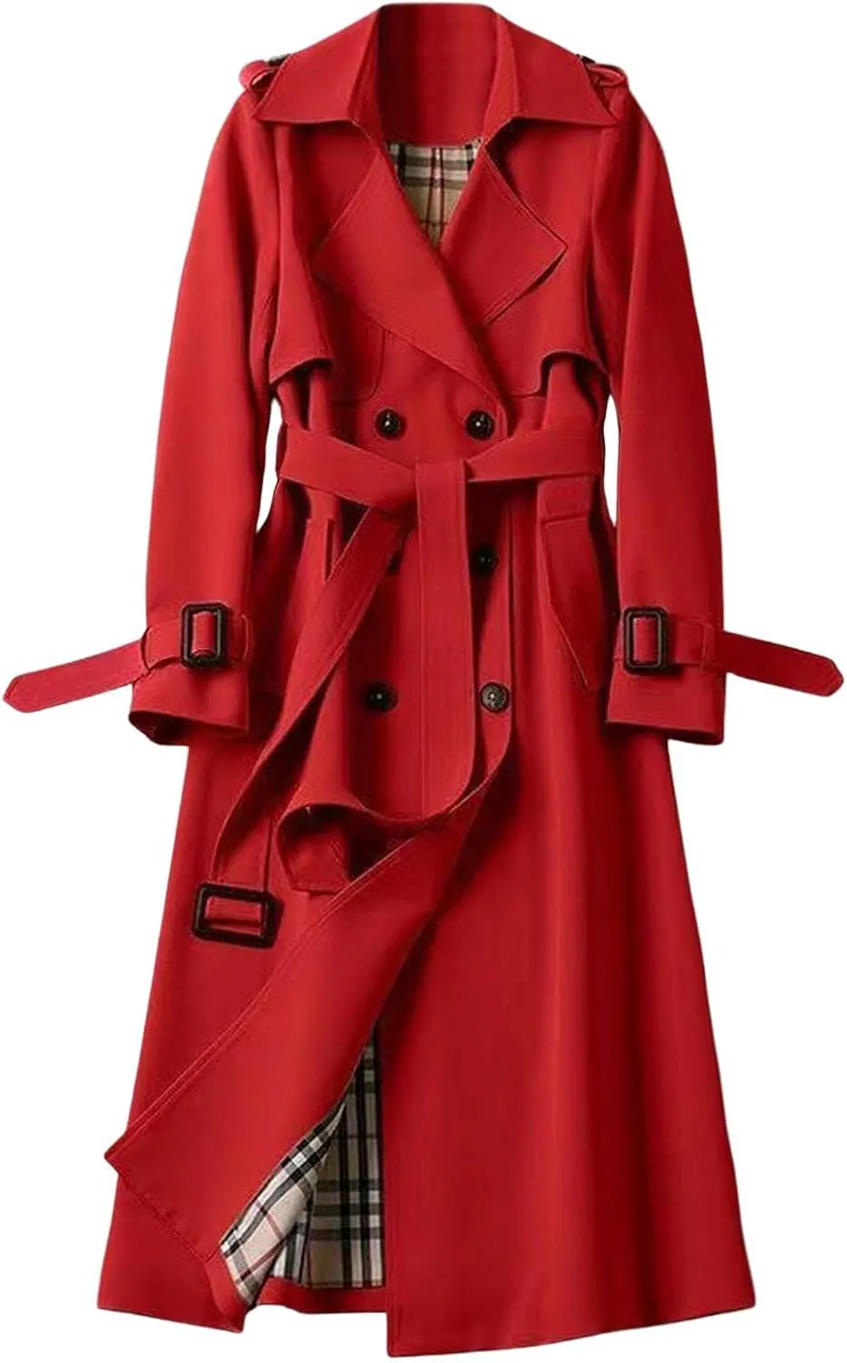CHARTOU Women Double Breasted Mid Long Trench Coat with Belt Lightweight Windbreaker Long Duster Trenchcoat (Small,Red)