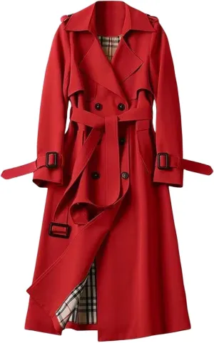 CHARTOU Women Double Breasted Mid Long Trench Coat with Belt Lightweight Windbreaker Long Duster Trenchcoat (Small,Red)