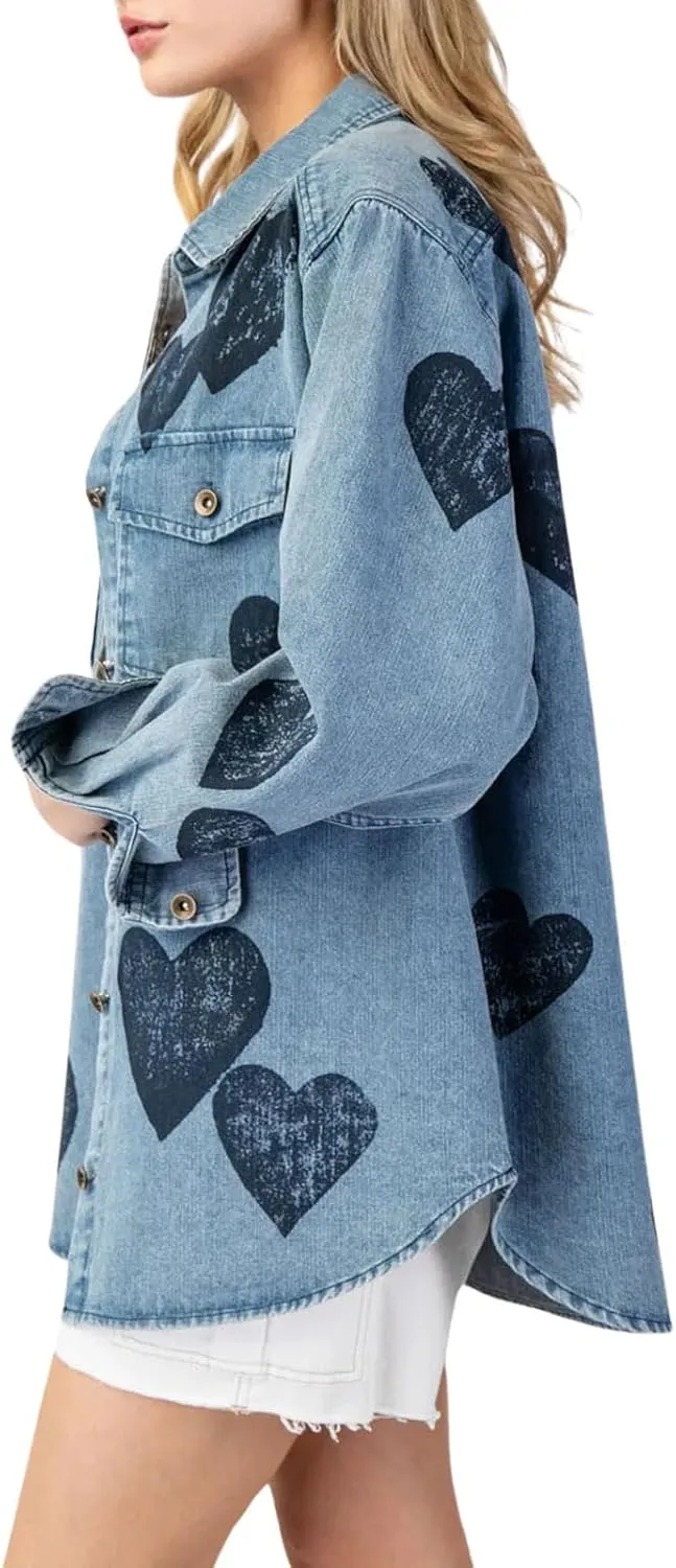 CHARTOU Women Long Sleeve Denim Shirts Jacket Lightweight Heart Button Down Jean Jacket Oversized Lapel Coat