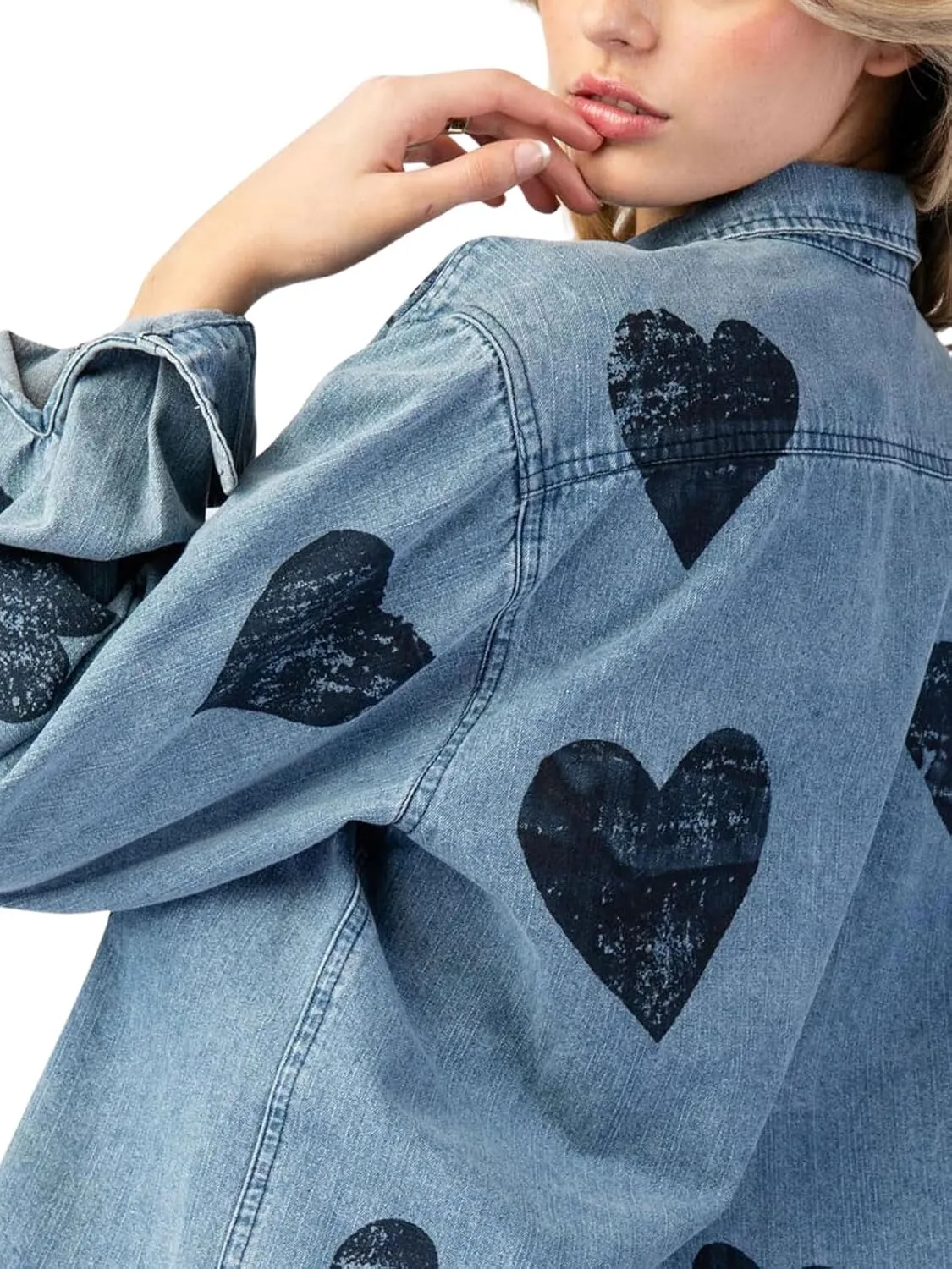 CHARTOU Women Long Sleeve Denim Shirts Jacket Lightweight Heart Button Down Jean Jacket Oversized Lapel Coat
