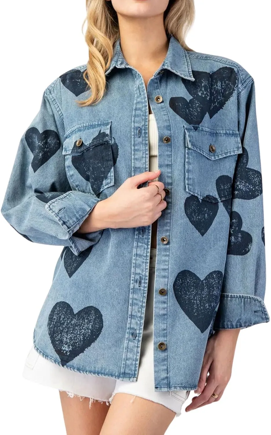 CHARTOU Women Long Sleeve Denim Shirts Jacket Lightweight Heart Button Down Jean Jacket Oversized Lapel Coat