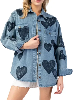 CHARTOU Women Long Sleeve Denim Shirts Jacket Lightweight Heart Button Down Jean Jacket Oversized Lapel Coat