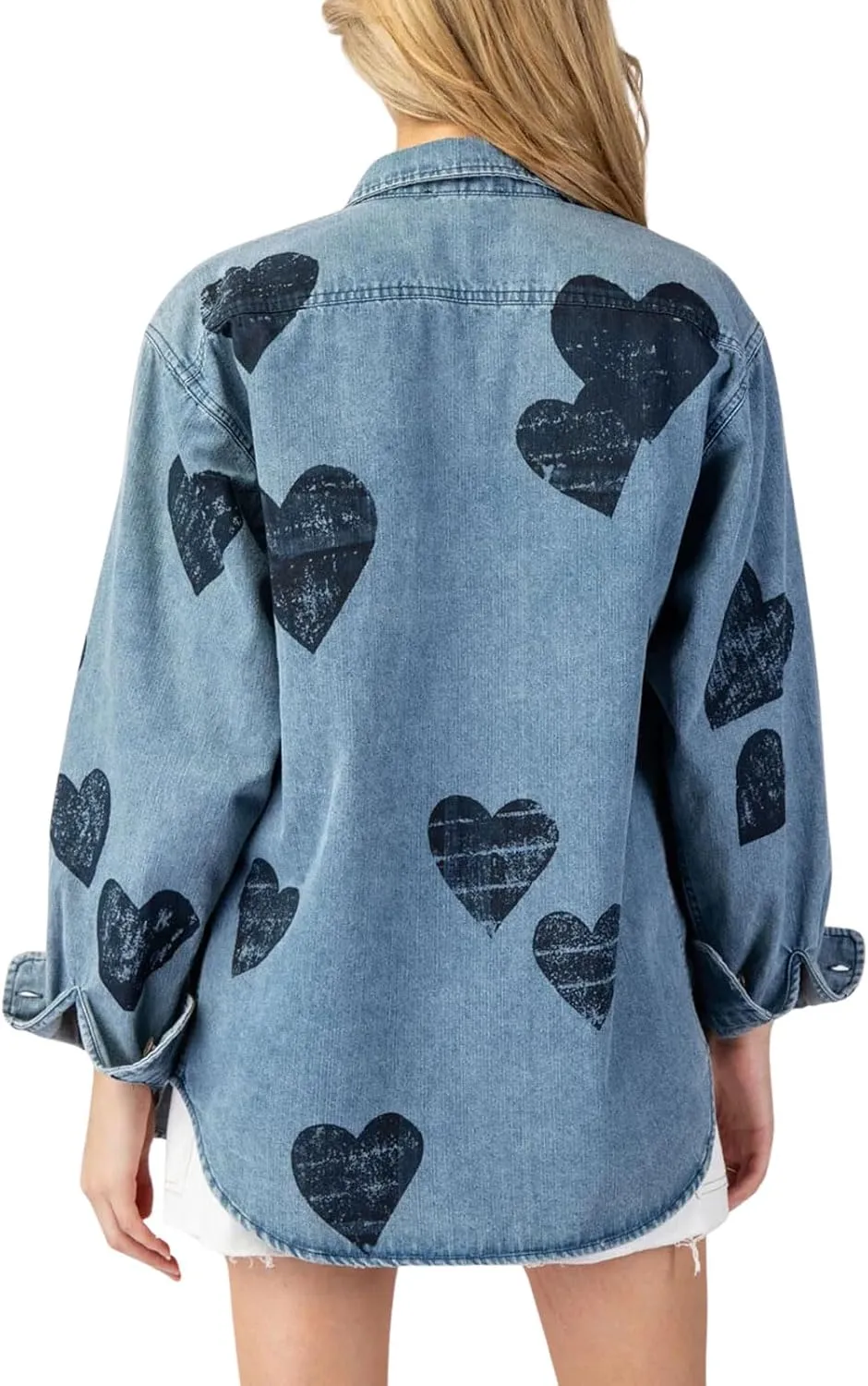 CHARTOU Women Long Sleeve Denim Shirts Jacket Lightweight Heart Button Down Jean Jacket Oversized Lapel Coat
