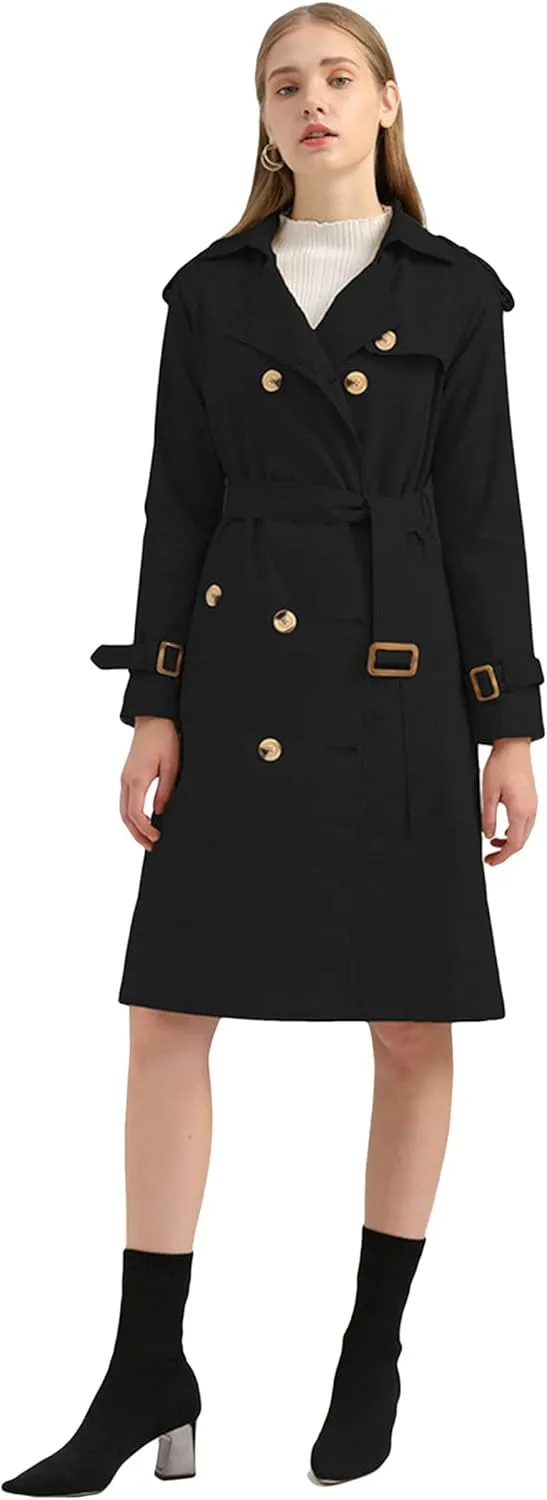 CHARTOU Women's Cotton Double Breasted Mid Long Trench Coat Windbreaker with Belt