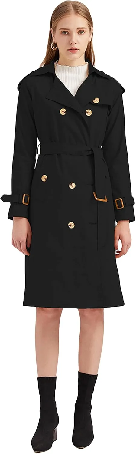 CHARTOU Women's Cotton Double Breasted Mid Long Trench Coat Windbreaker with Belt