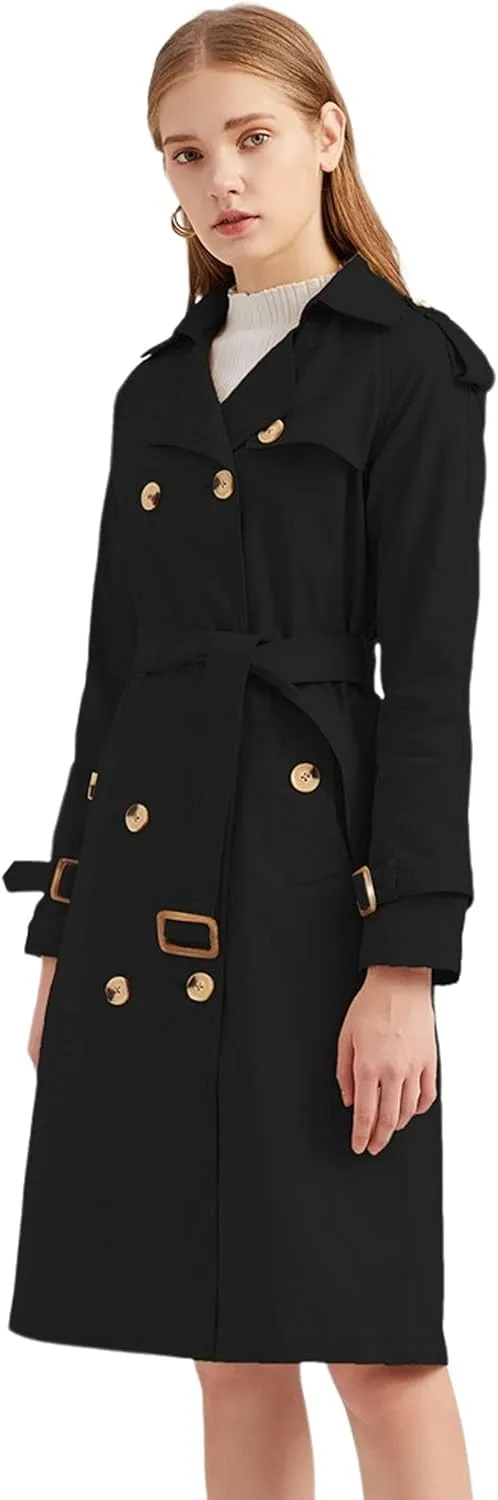 CHARTOU Women's Cotton Double Breasted Mid Long Trench Coat Windbreaker with Belt