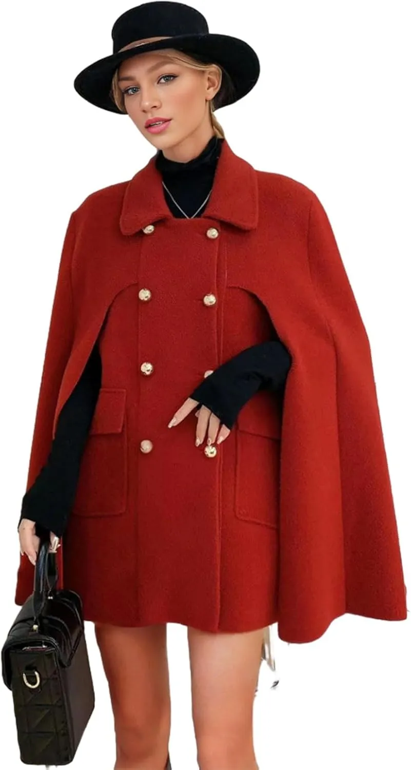 CHARTOU Women's Elegant Poncho Double-Breast Slit Sleeve Flowy Wool Blend Cape Cloak Coat