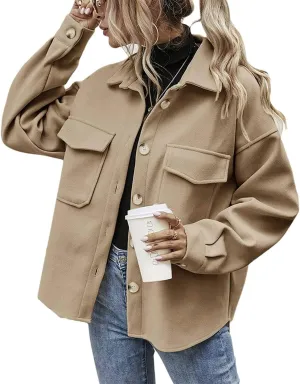 CHARTOU Women's Loose Turn Down Lapel Single Breasted Short Pea Coat Jacket
