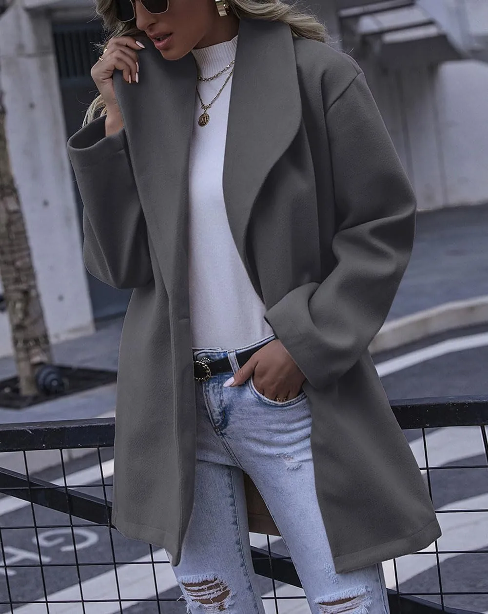 chouyatou Women's Winter Elegant Shawl Collar Wool Coat Formal Work Mid Long Wool Trench Coat