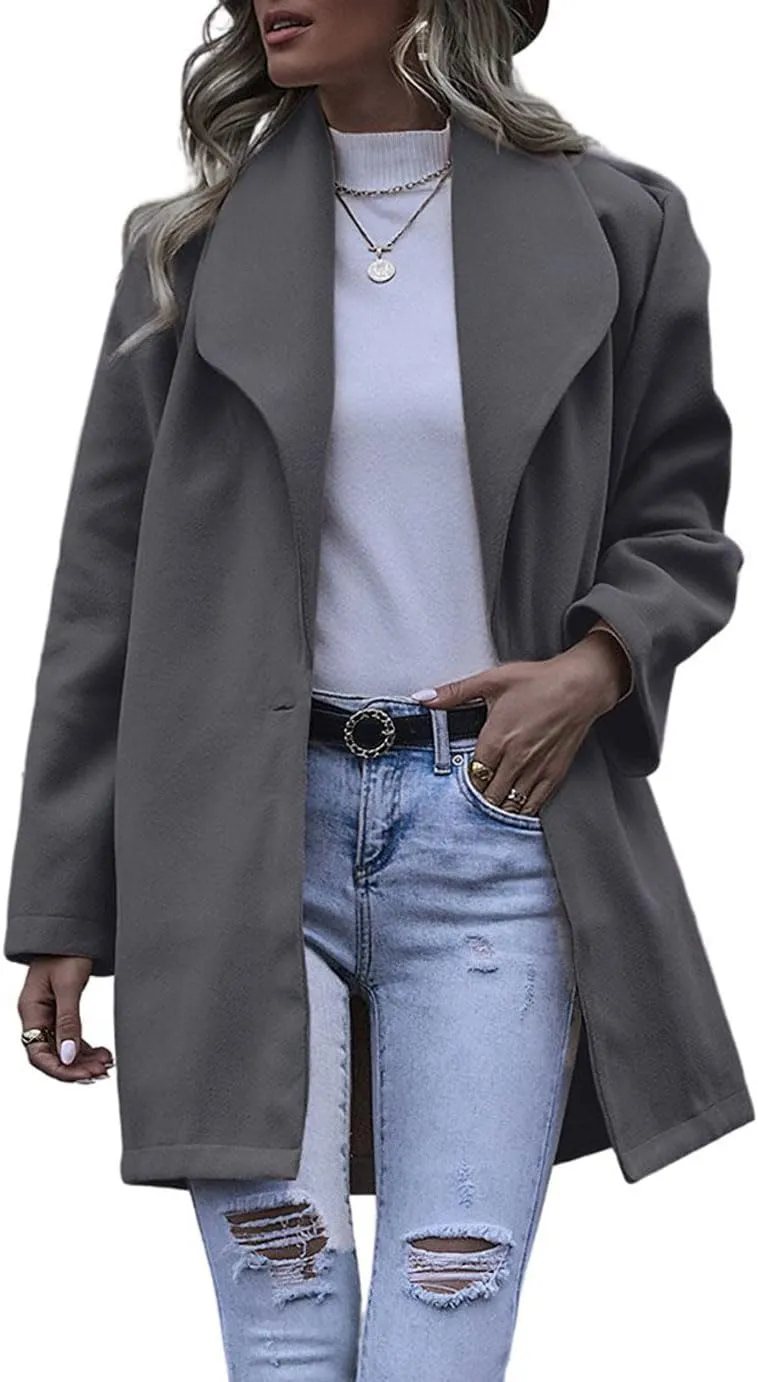 chouyatou Women's Winter Elegant Shawl Collar Wool Coat Formal Work Mid Long Wool Trench Coat