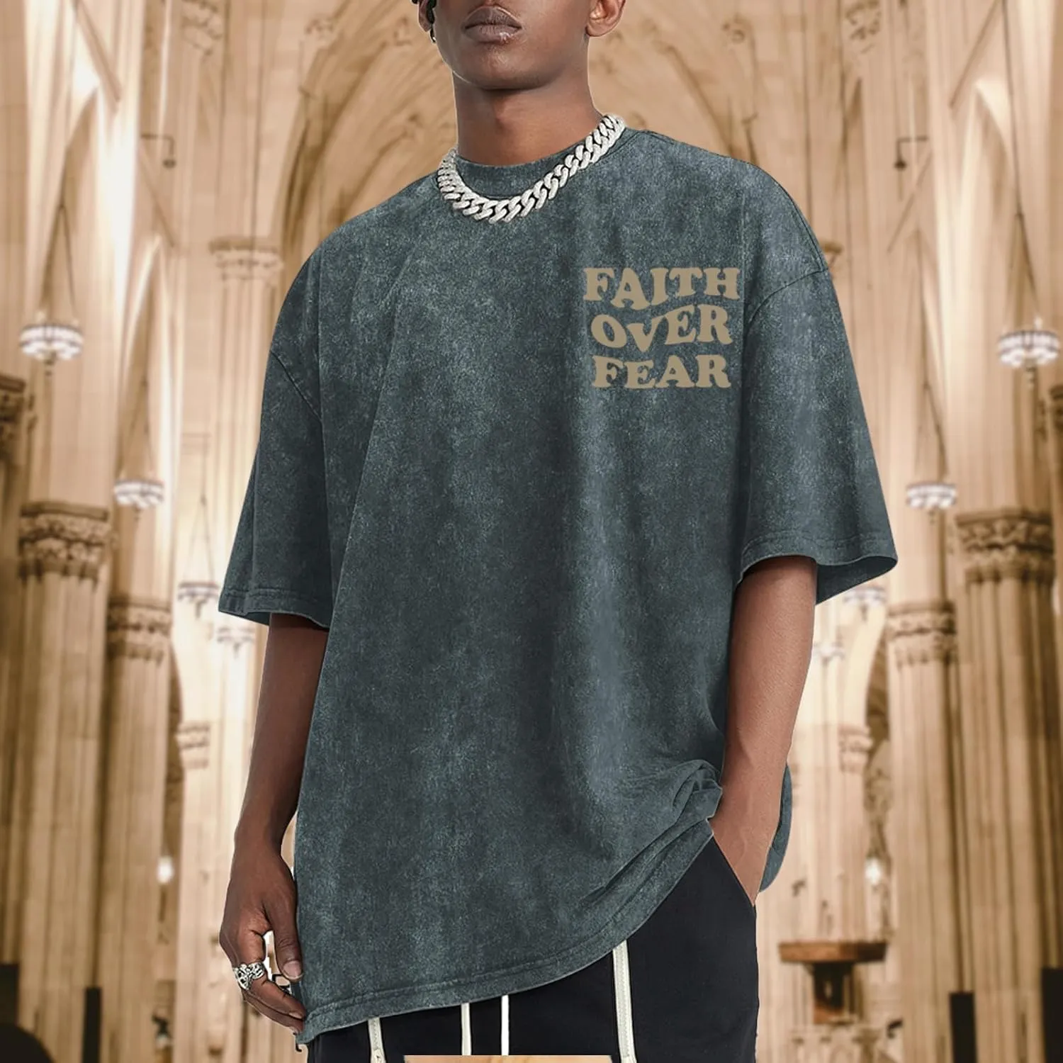 Christian Shirts for Men Faith Over Fear Oversized Shirt Acid Wash Tshirt Graphic Religious T Shirt Bible Verse Tees