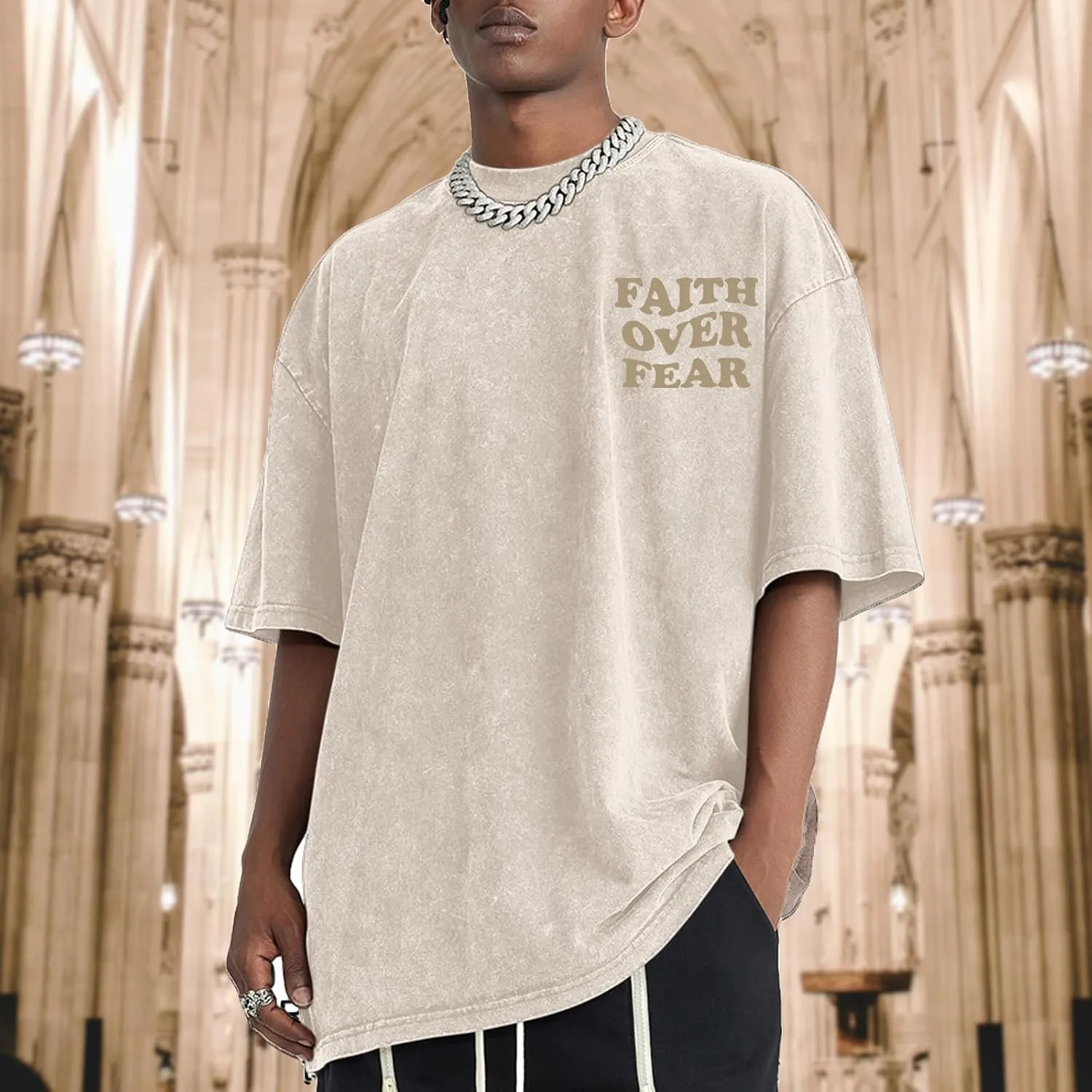 Christian Shirts for Men Faith Over Fear Oversized Shirt Acid Wash Tshirt Graphic Religious T Shirt Bible Verse Tees