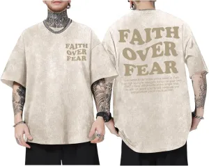 Christian Shirts for Men Faith Over Fear Oversized Shirt Acid Wash Tshirt Graphic Religious T Shirt Bible Verse Tees