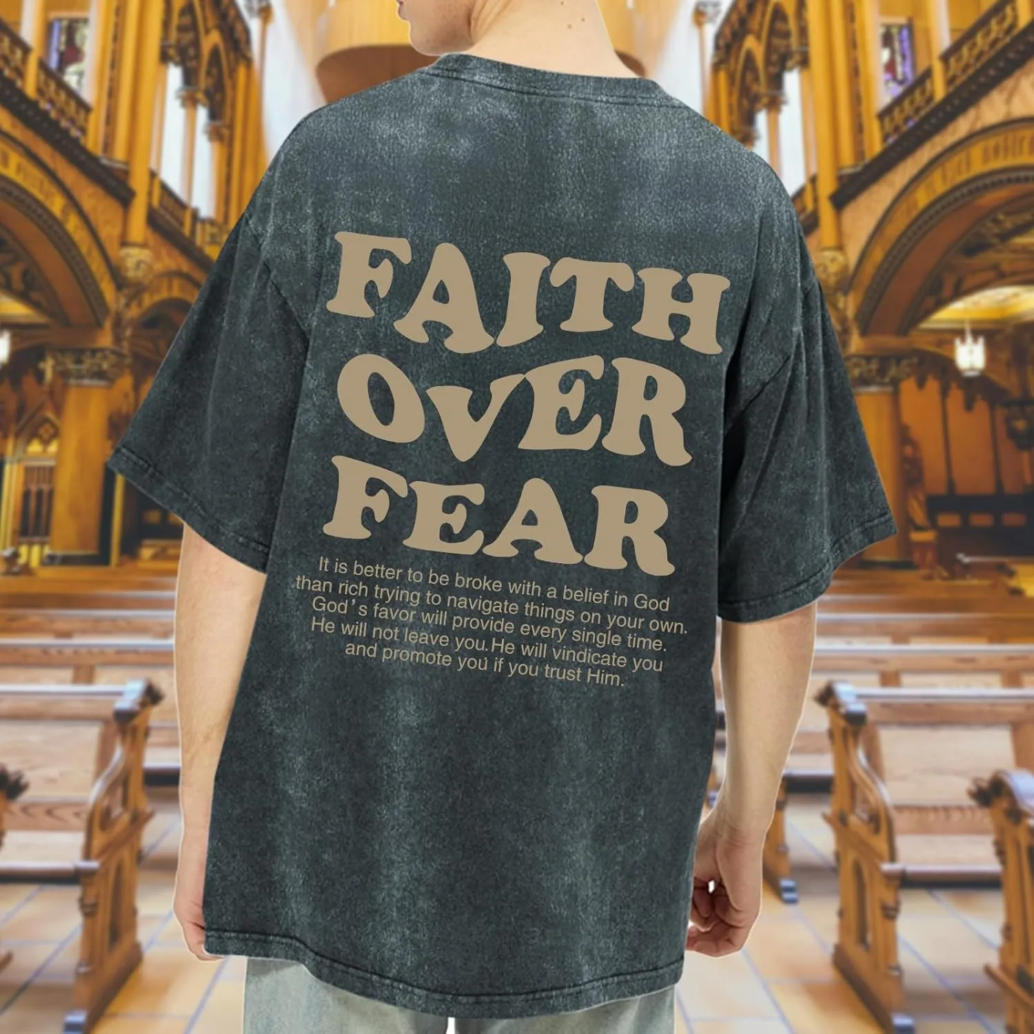 Christian Shirts for Men Faith Over Fear Oversized Shirt Acid Wash Tshirt Graphic Religious T Shirt Bible Verse Tees