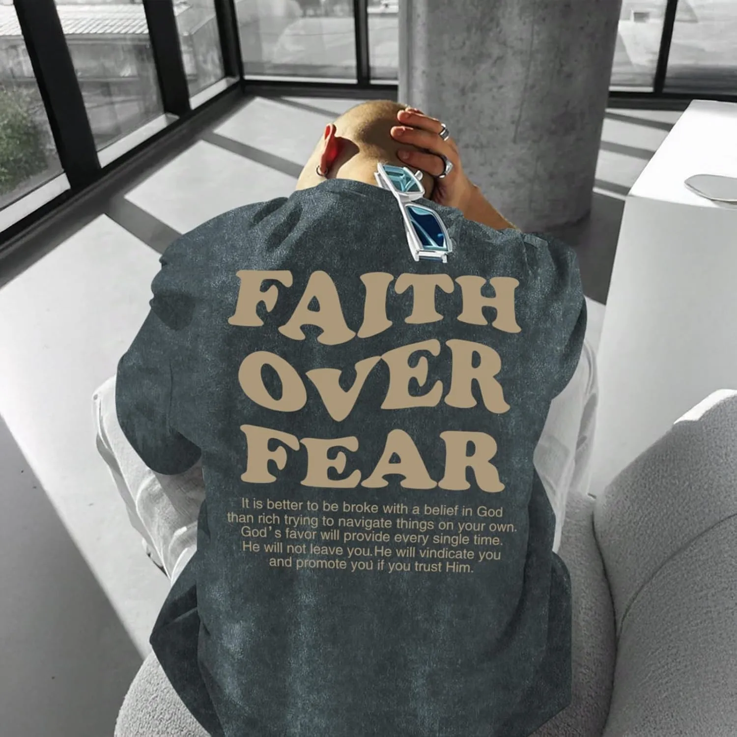 Christian Shirts for Men Faith Over Fear Oversized Shirt Acid Wash Tshirt Graphic Religious T Shirt Bible Verse Tees
