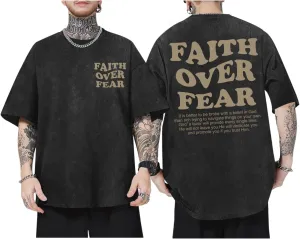 Christian Shirts for Men Faith Over Fear Oversized Shirt Acid Wash Tshirt Graphic Religious T Shirt Bible Verse Tees