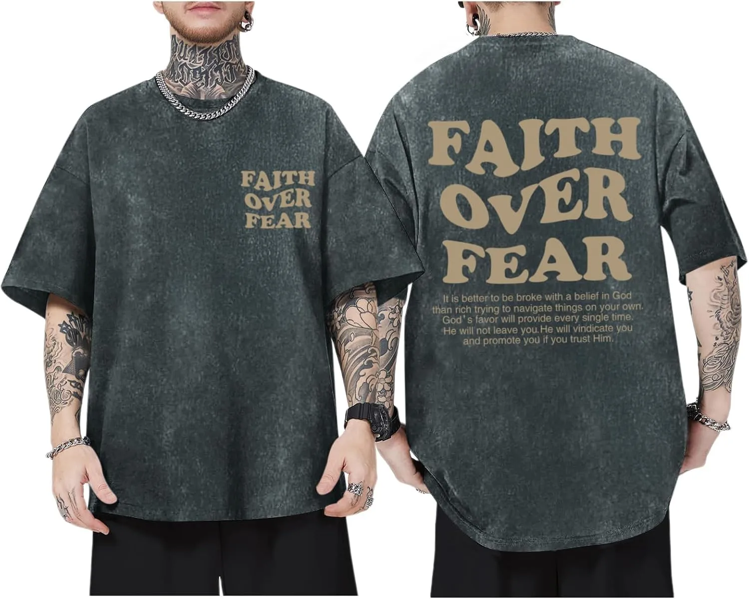 Christian Shirts for Men Faith Over Fear Oversized Shirt Acid Wash Tshirt Graphic Religious T Shirt Bible Verse Tees