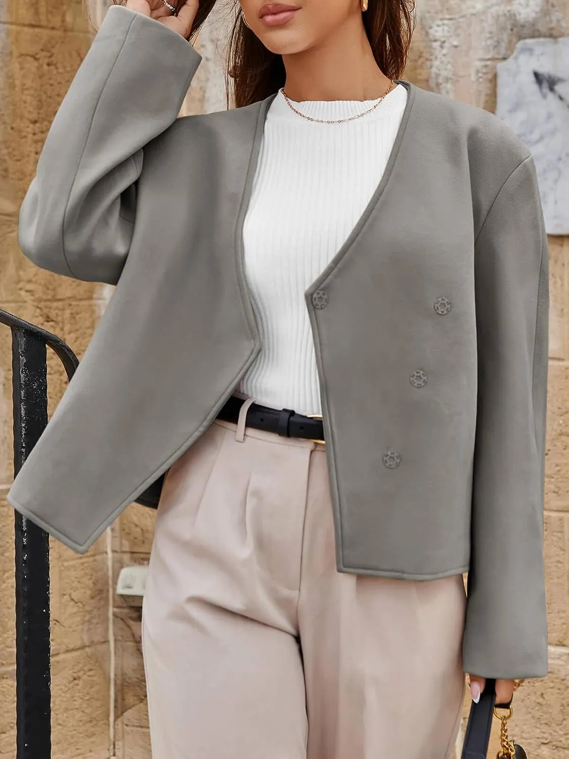 Cicy Bell Womens Cropped Wool Jackets Fall V Neck Short Pea Coats Single Breasted Outerwear Winter Outfits