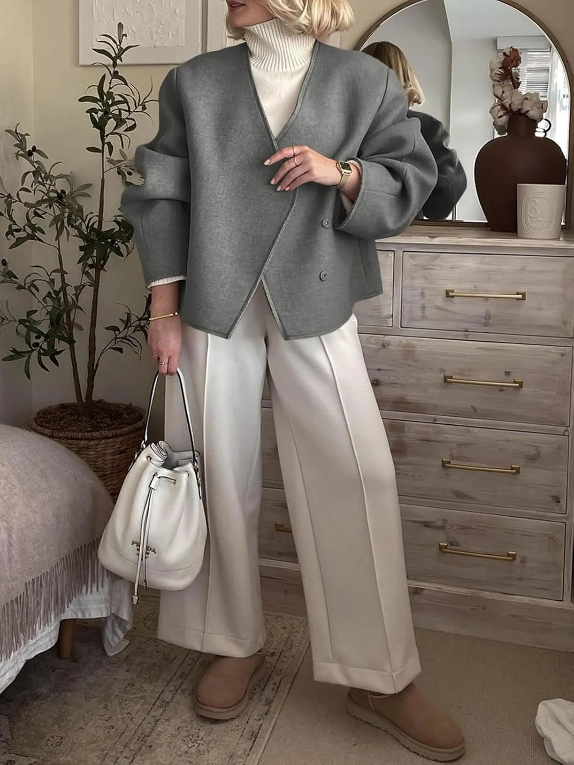 Cicy Bell Womens Cropped Wool Jackets Fall V Neck Short Pea Coats Single Breasted Outerwear Winter Outfits