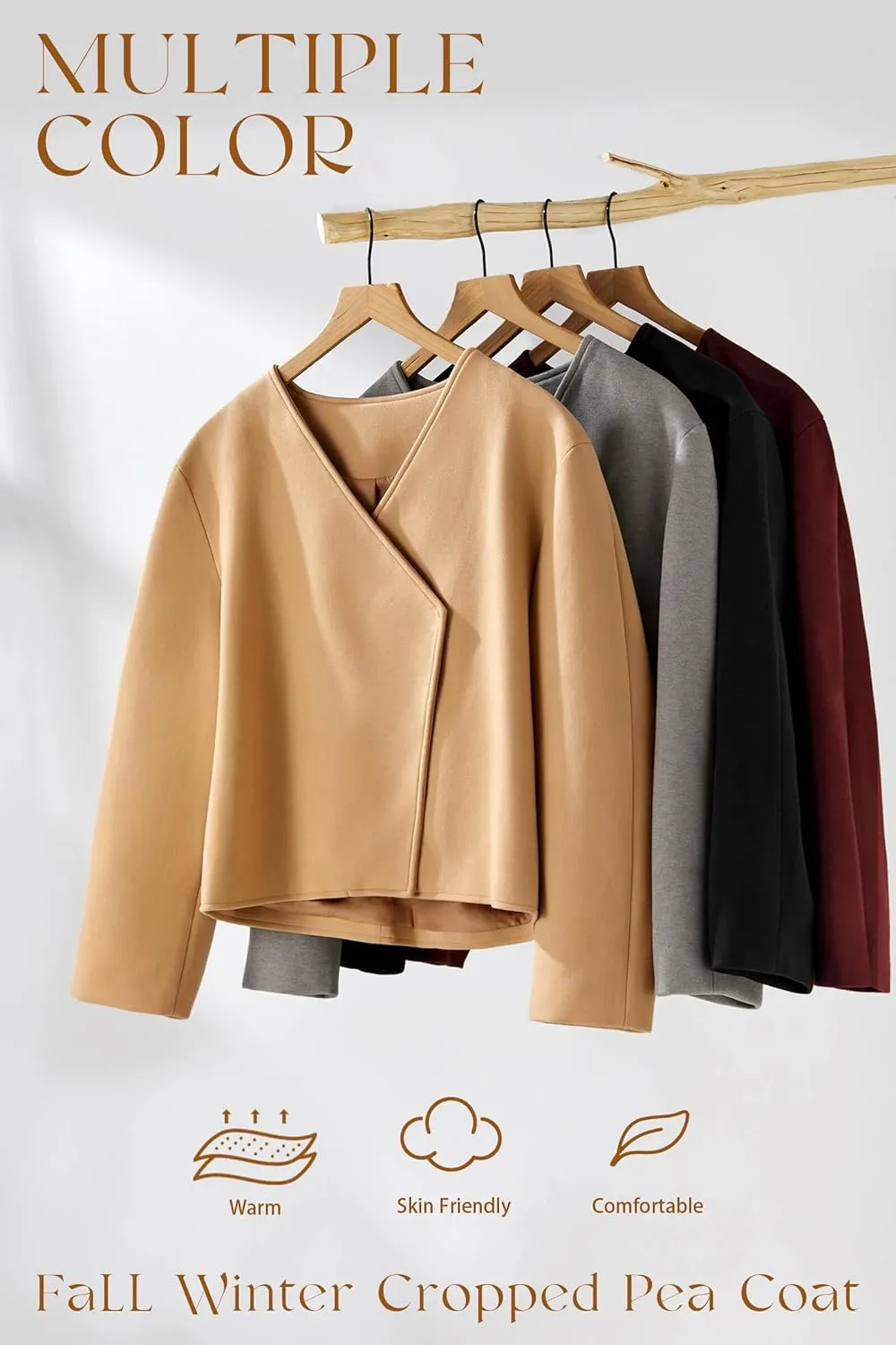 Cicy Bell Womens Cropped Wool Jackets Fall V Neck Short Pea Coats Single Breasted Outerwear Winter Outfits