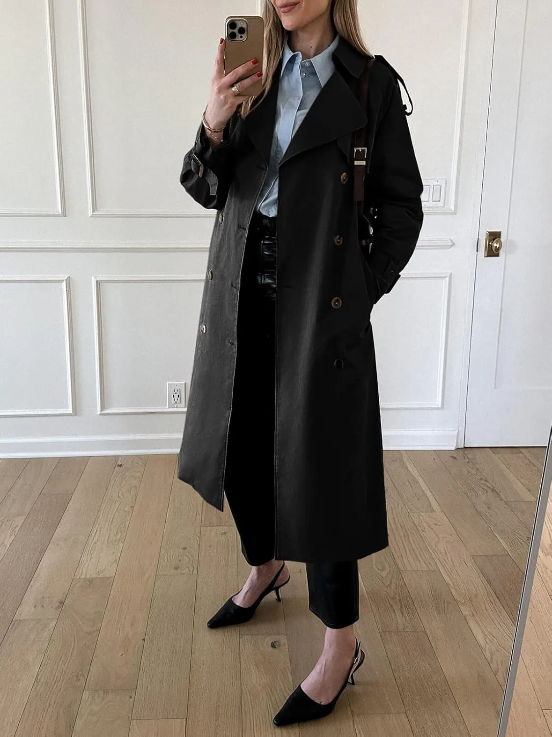 Cicy Bell Womens Long Trench Coat Double Breasted Classic Lapel Fall Overcoat with Belt